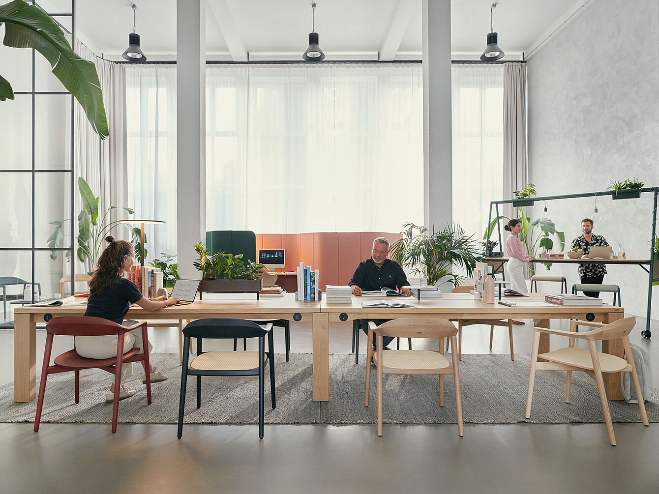Espace de bureau moderne avec une grande table se:café pour équipe, quatre personnes travaillant et des plantes sur et autour de la table
