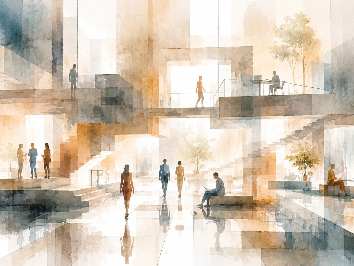 Ilustración abstracta, al estilo de una acuarela, de un espacio de trabajo abierto de varios niveles con personas caminando, sentadas y de pie cerca de escaleras y árboles