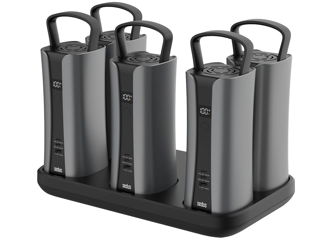 Cinco baterías portátiles se:charge con asas colocadas sobre una base de carga rectangular negra