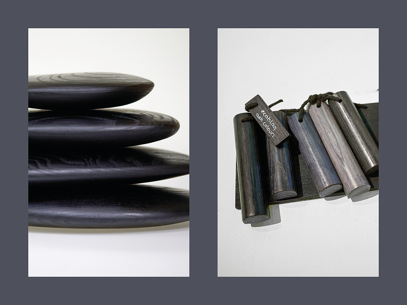 Stack of four smooth, flat, round discs on the left and a set of five cylindrical objects tied together with a tag on the right