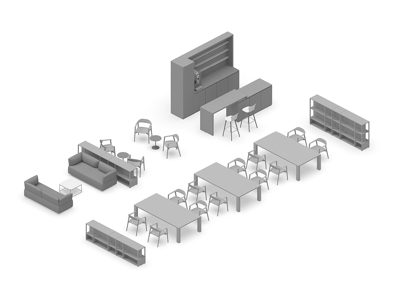 Layout 3D di una moderna biblioteca aziendale con diverse aree salotto con sedie e tavoli, divani, librerie e un bancone con sgabelli, progettata per lavorare in tranquillità e concentrazione o per ritirarsi. 