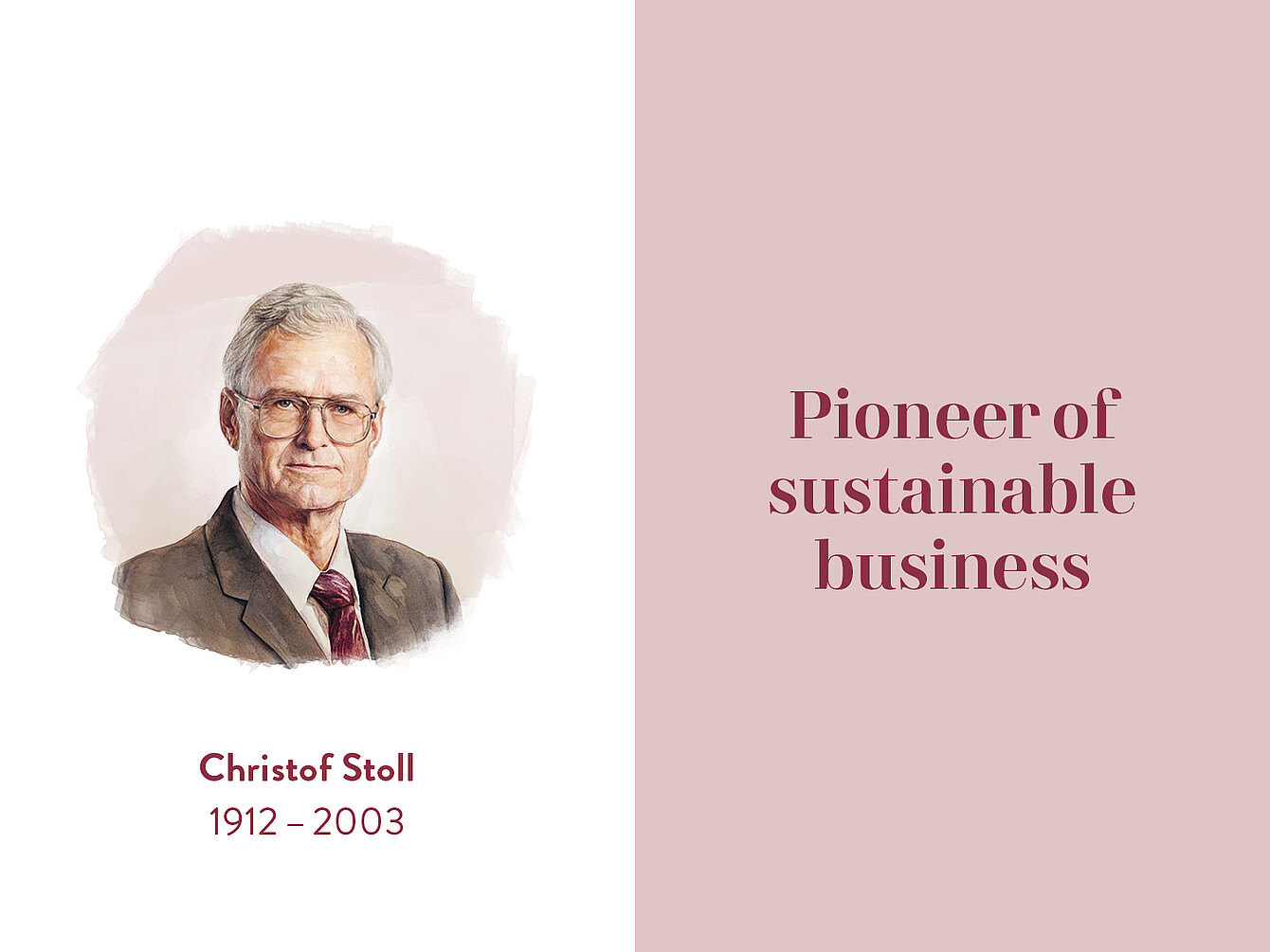 Portrait of Christof Stoll, a man with gray hair, wearing a dark suit. Text reads 'Pioneer of sustainable business' and 'Christof Stoll 1912 - 2003'.