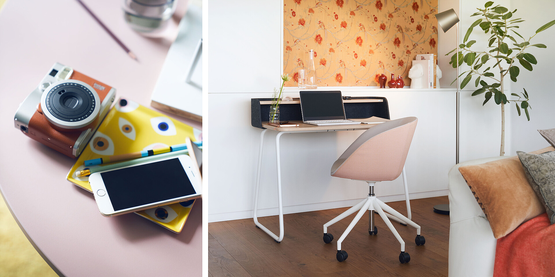 Modern home office workspace with white desk, laptop, pink swivel office chair, plants, and a floral-patterned wall.