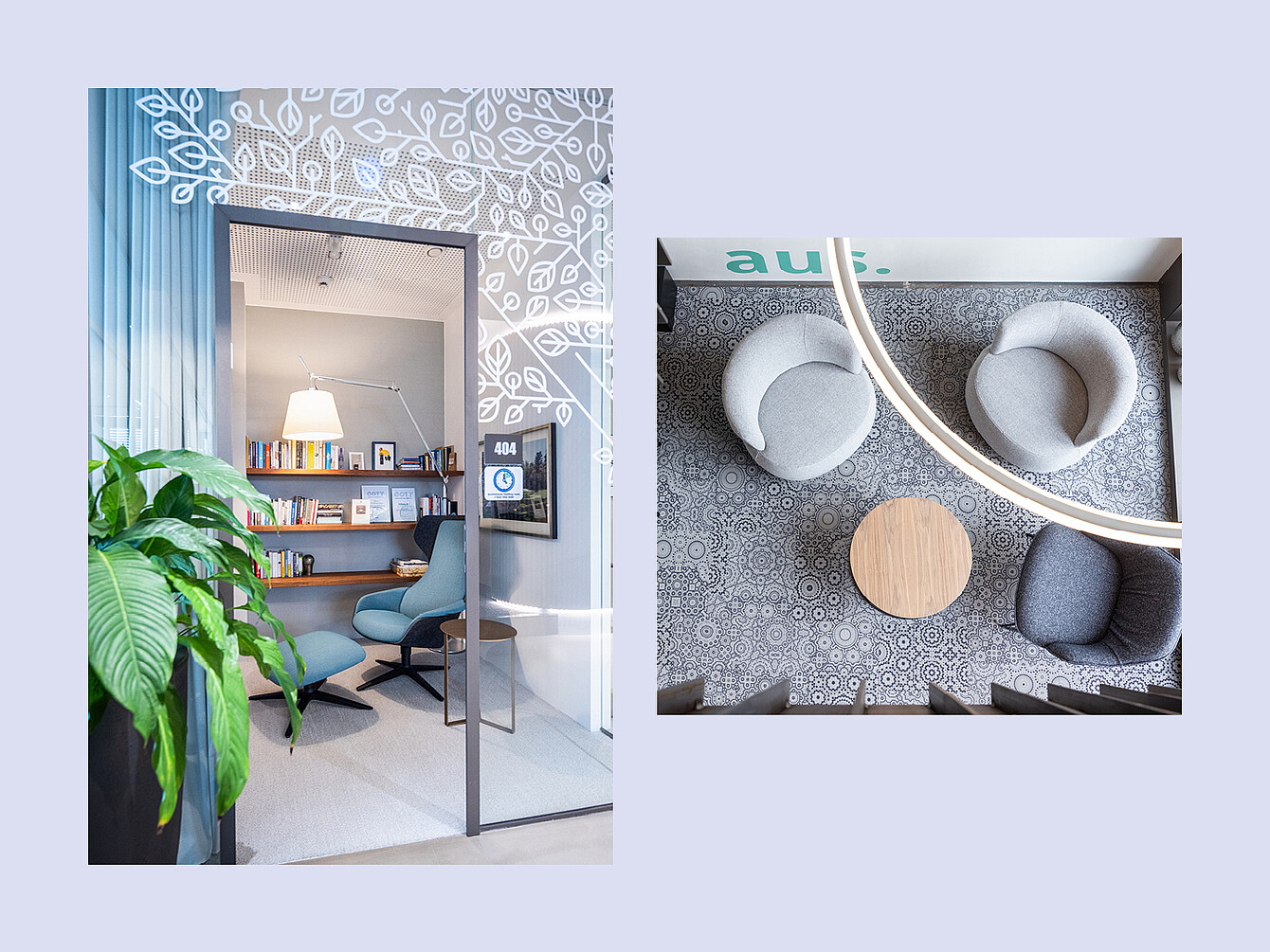 Bureau aux parois vitrées avec des chaises bleues, des étagères en bois et une grande plante près de la porte ; vue en plongée d’un coin salon avec deux chaises rondes, une petite table ronde en bois et un pouf gris sur un sol à motifs