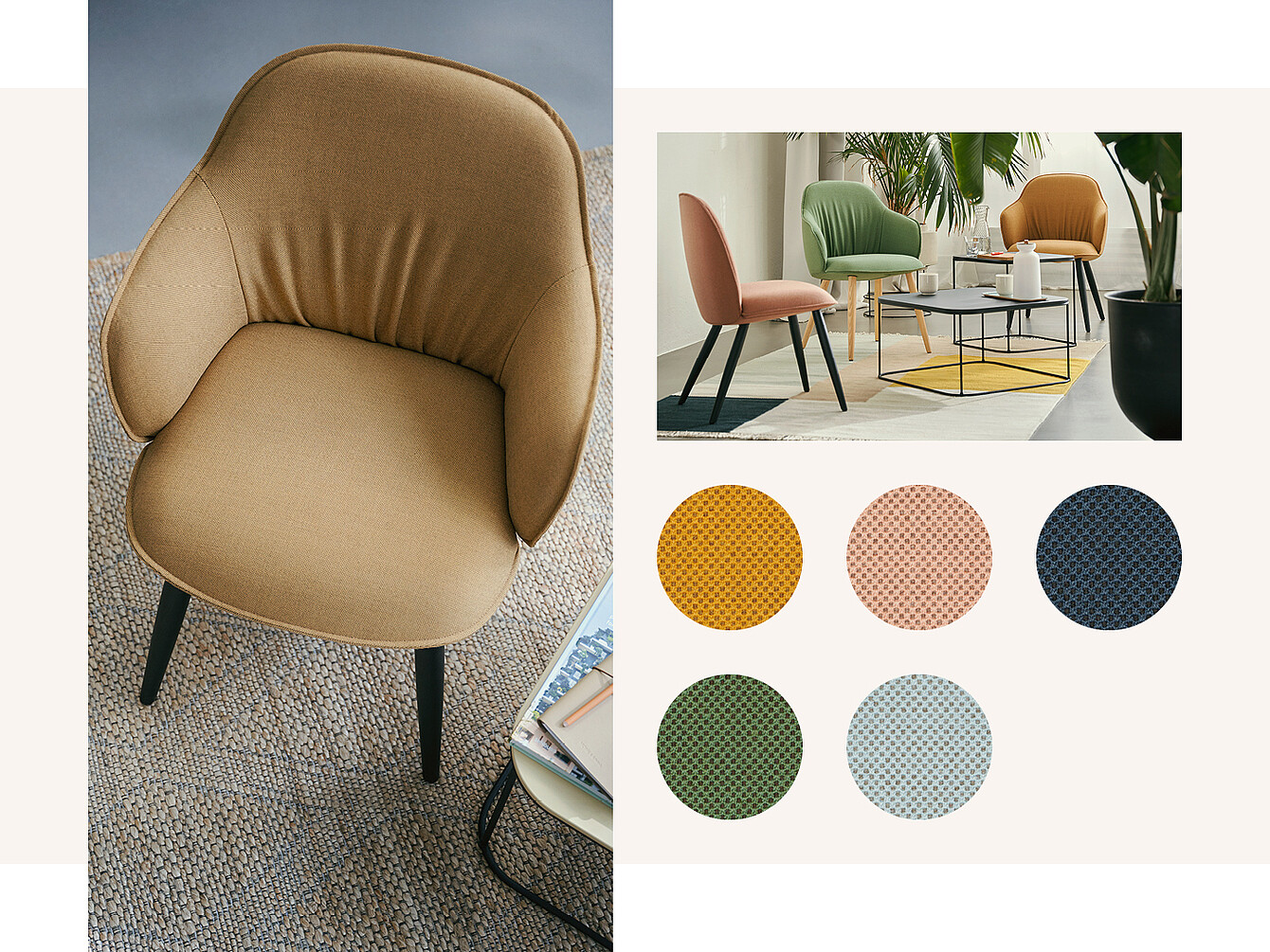 Una silla tapizada de color tostado con respaldo redondeado y patas negras, junto a imágenes de otras dos sillas en verde y rosa. Debajo, seis muestras de tela en varios colores: amarillo mostaza, verde azulado, verde oscuro, azul marino, beige claro y coral.
