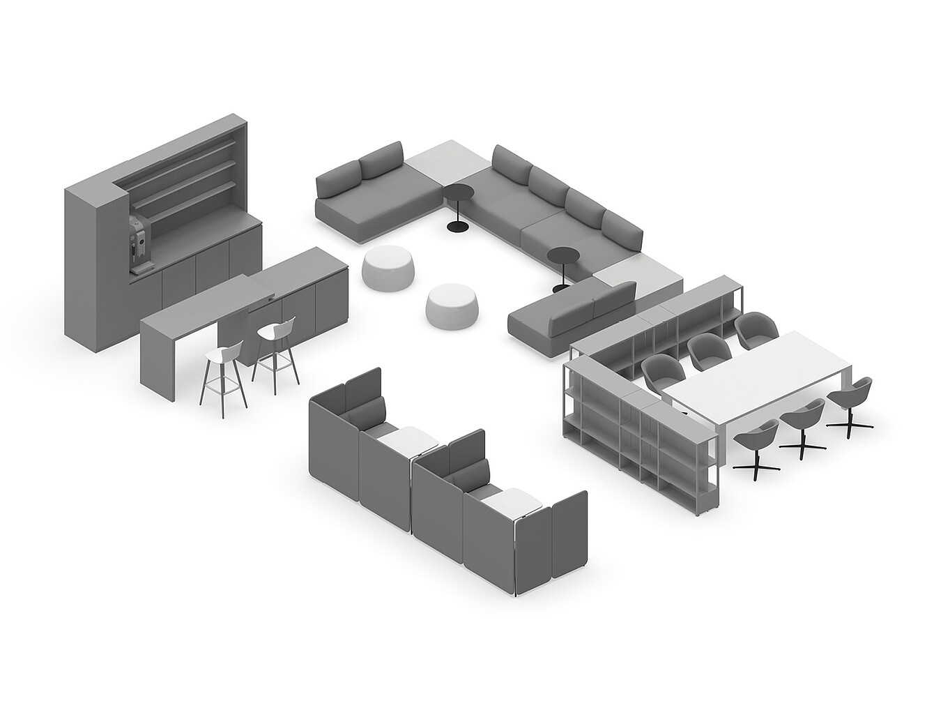 Plan en 3D de l’archétype Work Café Club montrant des canapés modulaires, des tabourets, des tables, un comptoir de bar avec tabourets et une cloison avec étagères créant un environnement de salon d’affaires élégant et polyvalent