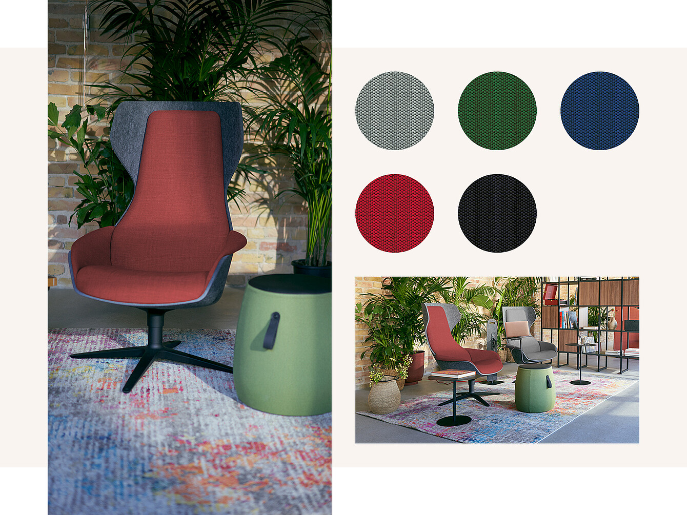 Una silla tapizada en rojo con respaldo alto y base negra, junto a una mesa auxiliar verde, rodeada de plantas. Se ven seis muestras de tejido en rojo, verde, azul marino, gris y negro, y una alfombra estampada.