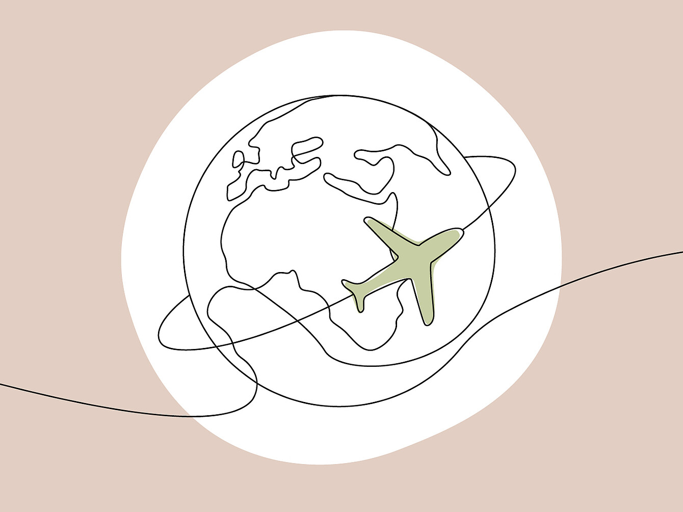Grafische Darstellung der Erde mit einem Flugzeug, das die Erde umrundet, symbolisiert globale Vernetzung.