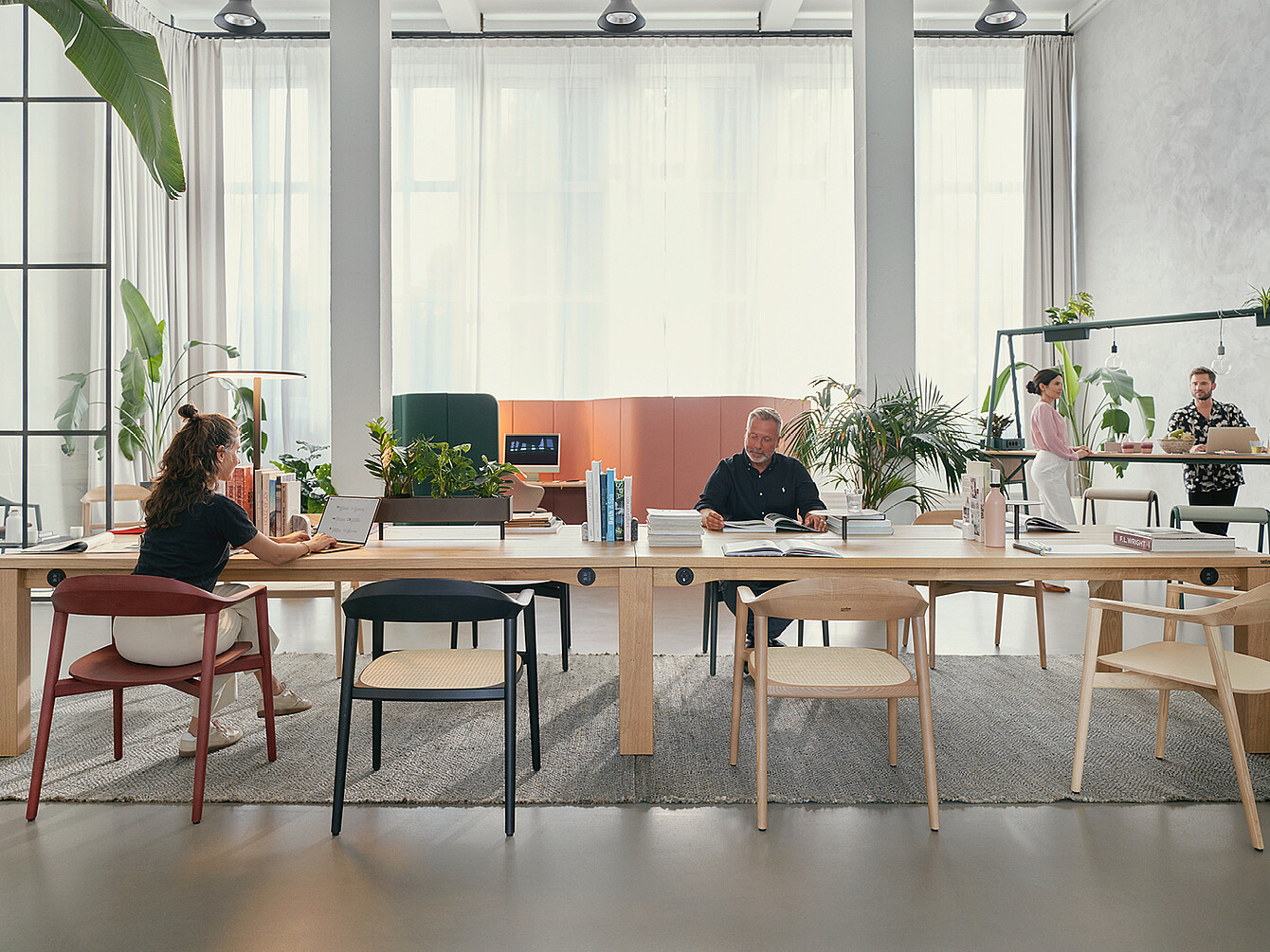 Moderna biblioteca d’ufficio con grande tavolo in legno, persone che lavorano in silenzio, circondate da piante e luce naturale proveniente dalle alte finestre.