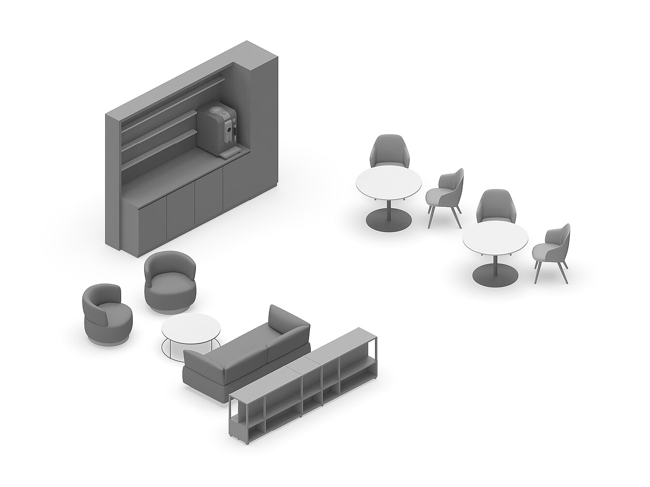 Plan en 3D d’un Work Café Club type avec des fauteuils, des tables rondes avec des chaises, un canapé et un meuble de rangement avec une machine à café