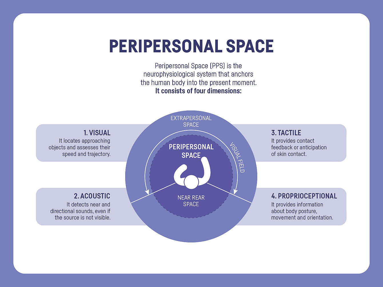 Schéma illustrant l’espace péripersonnel sous la forme d’un cercle central intitulé « ESPACE PÉRIPERSONNEL » entouré de l’« ESPACE ARRIÈRE PROCHE » et de l’« ESPACE EXTRAPERSONNEL » avec quatre dimensions identifiées : 1. Visuel : localisation des objets qui s’approchent et évaluation de leur vitesse et de leur trajectoire, 2. Acoustique : détection des sons proches et directionnels, 3. Tactile : retour d’information sur le contact ou anticipation du contact avec la peau, 4. Proprioception : informations sur la posture, les mouvements et l’orientation du corps