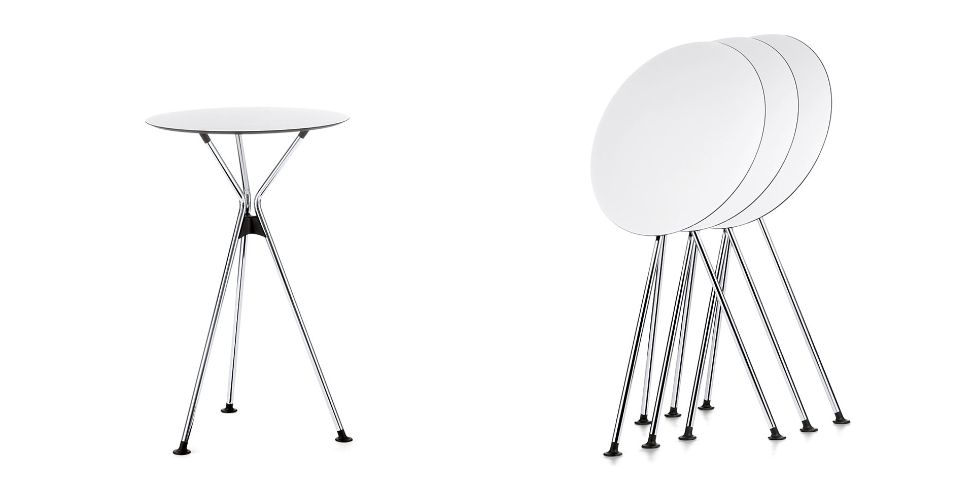Standing, folding and stackable table.