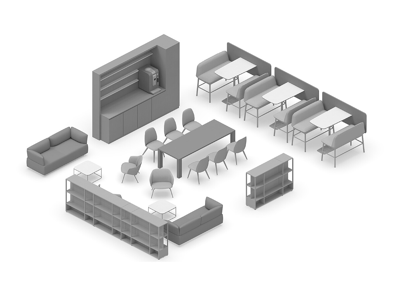 Layout 3D dell’Hub Work Café con aree salotto con divani, tavoli con sedie, sedute a panca, scaffali e una parete attrezzata con macchina da caffè per riunioni collaborative in ufficio 