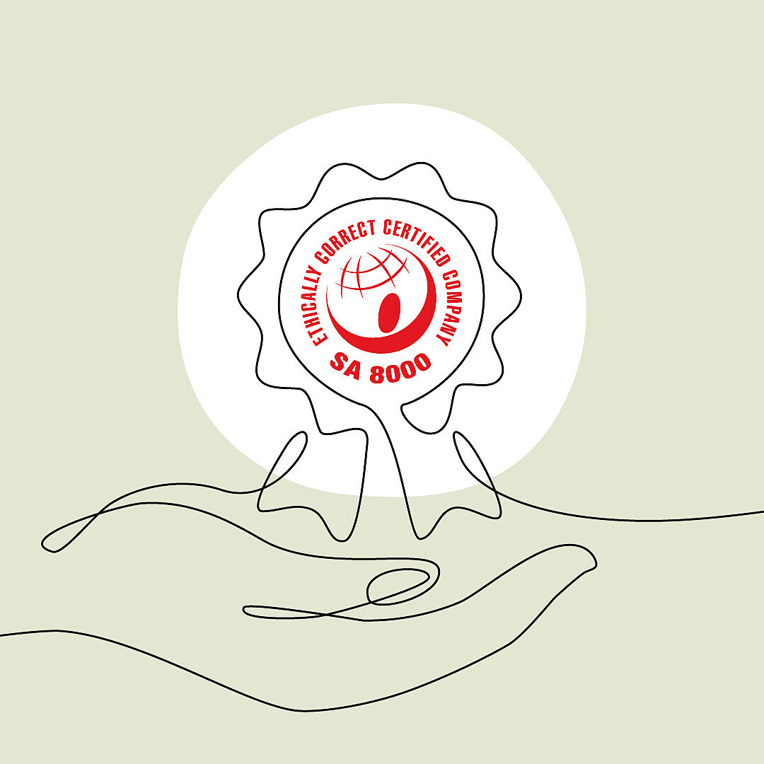 Single-line drawing of an open hand holding a circular SA 8000 ethical product certification badge with a globe and text 'ETHICAL PRODUCT CERTIFICATION SA 8000'.