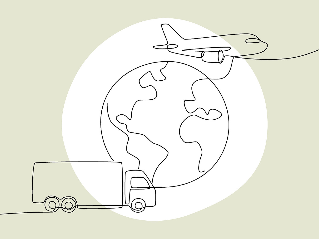 Dessin au trait continu d’un globe terrestre avec des continents simplifiés, un camion en dessous  et un avion au-dessus, symbolisant la chaîne d’approvisionnement et le transport mondiaux.