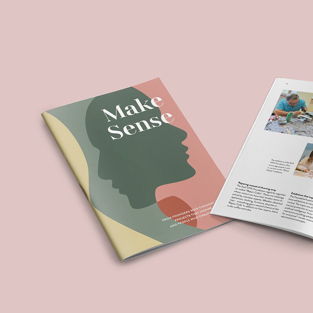 A booklet titled 'Make Sense' featuring a silhouette design on the cover. The open pages display images of people engaged in activities and a building in a natural setting, accompanied by descriptive text.