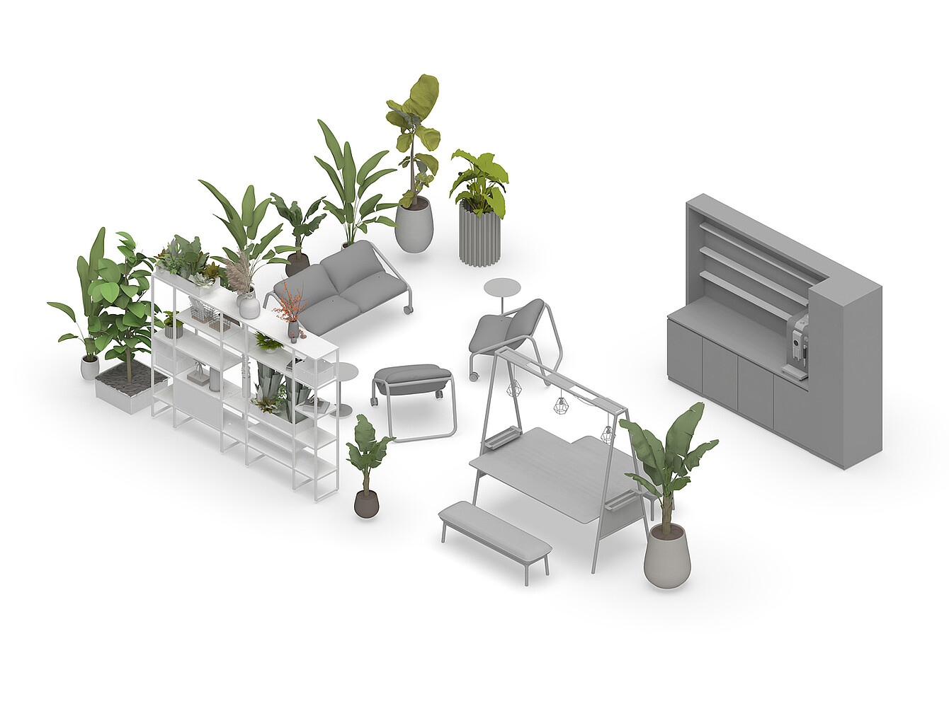 Allestimento dell’ufficio ispirato al design biofilico con sedute grigie, scaffali e varie piante in vaso che creano un ambiente Garden Work Café. Giardino: esempio piccolo