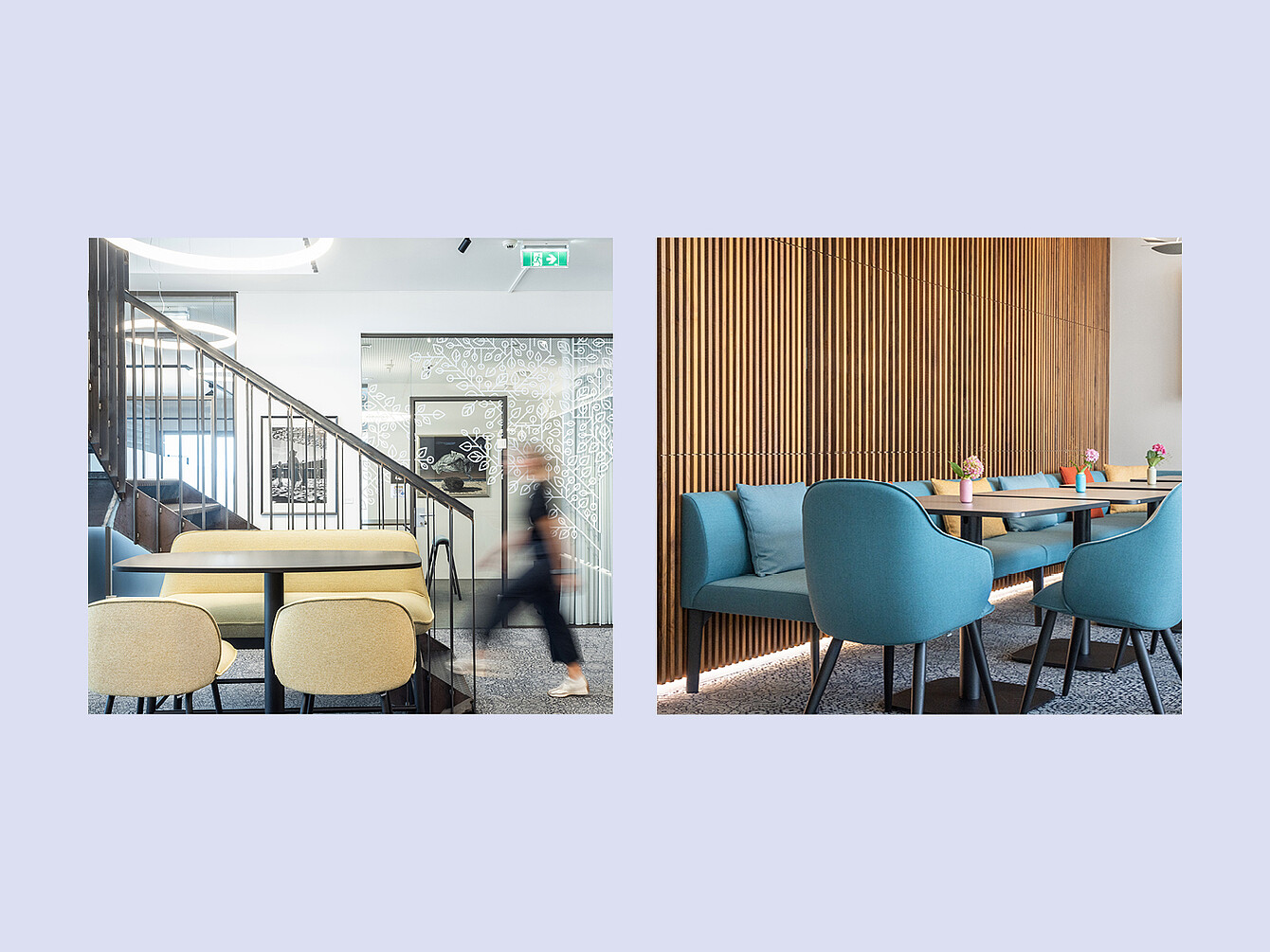 Deux vues de l’intérieur d’un espace de coworking montrant un coin salon avec des chaises beiges et un escalier à gauche, et un coin repas avec des fauteuils bleus et un mur en lattes de bois à droite