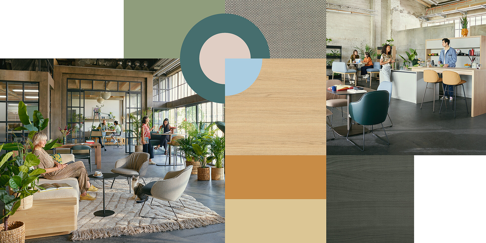 Bureau moderne avec cuisine ouverte, coins salon et plantes, dans une palette de couleurs vertes, beiges et bleues ciel pour une atmosphère accueillante. L’image de gauche montre le fauteuil se:café et un canapé se:living. L’image de droite montre le se:café bar, le tabouret se:café et, à l’arrière-plan, le se:café high bench.