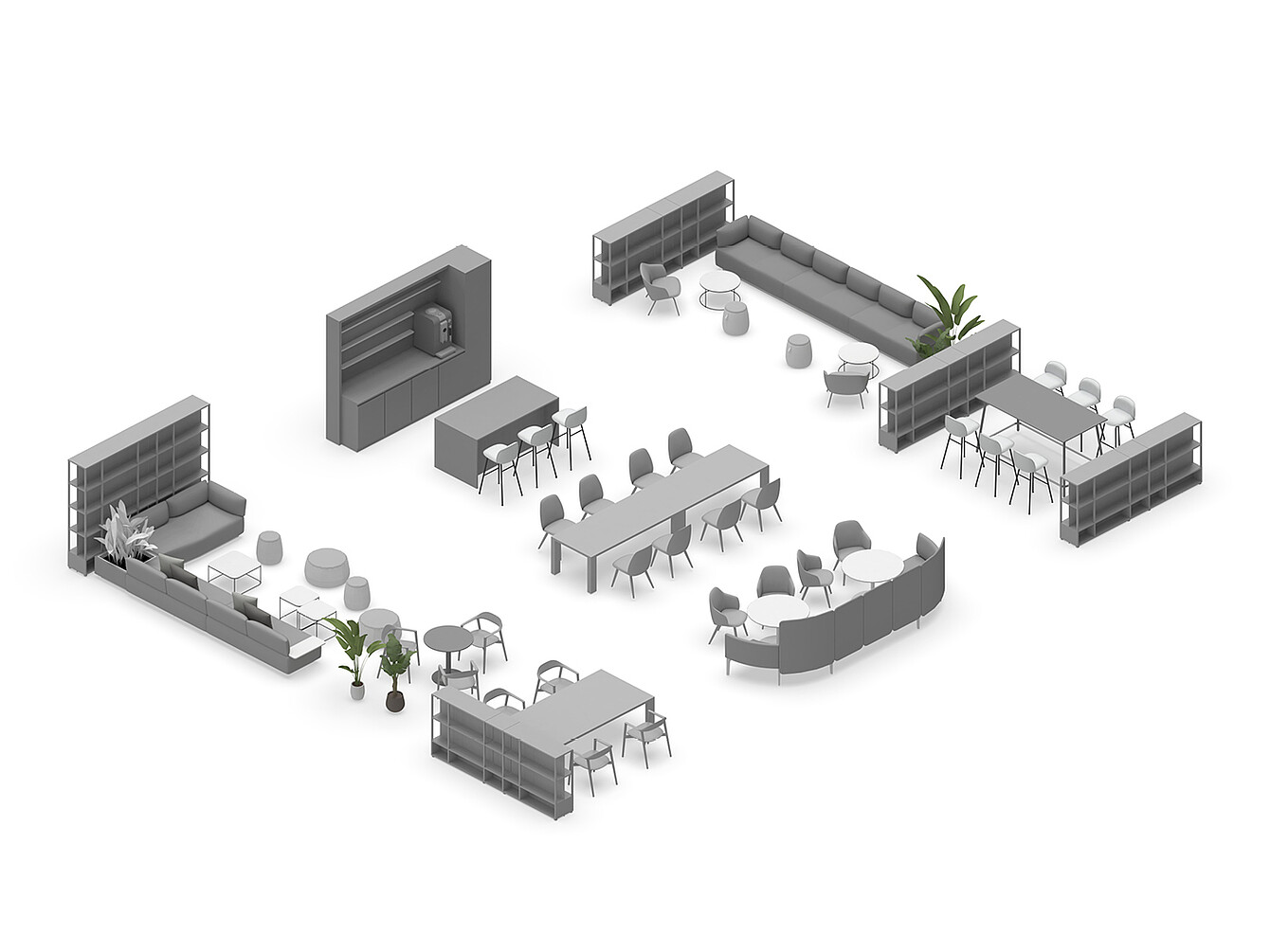Layout dell’Hub Work Café con varie aree di seduta, tra cui divani, tavoli con sedie, sgabelli e librerie disposte in modo da favorire la comunicazione e la collaborazione in un ambiente d’ufficio. 