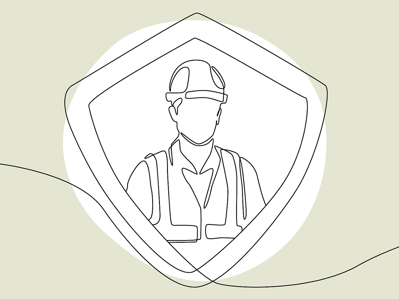 Dessin au trait représentant une personne portant un casque et un gilet de sécurité à l’intérieur d’un bouclier, symbolisant la protection ou la sécurité.