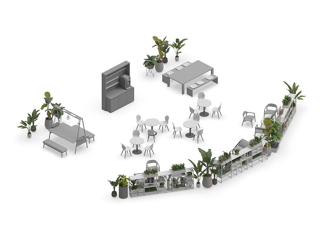 Area ufficio aperta con tavoli, sedie e scaffali ricoperti di piante, che illustra il concetto di Garden Work Café che integra il verde nello spazio di lavoro per un design biofilico.