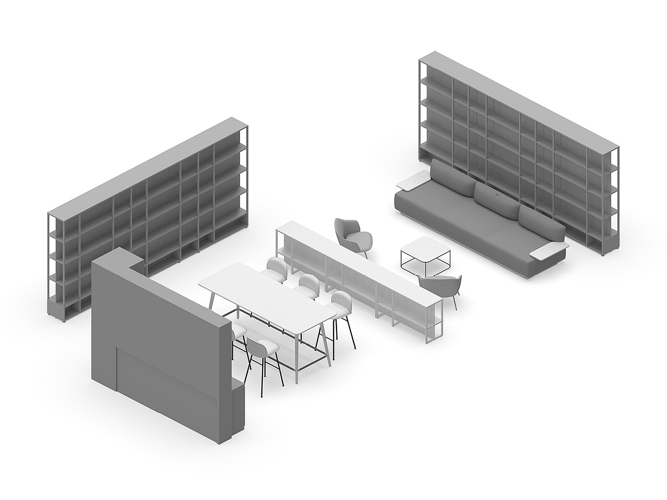 Layout 3D dell’Hub Work Café con due grandi librerie, un lungo tavolo con sei sedie, un divano con cuscini, un tavolino e una parete divisoria, progettato come spazio di incontro collaborativo per l’ufficio. 