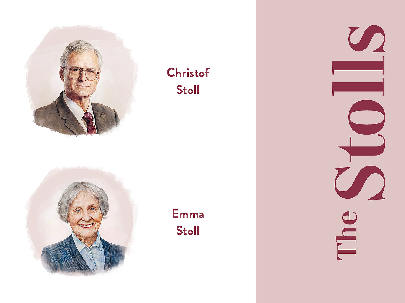 Portraits of Christof Stoll and Emma Stoll, with their names displayed beside each figure. The right side features the text 'The Stolls' in a prominent font.
