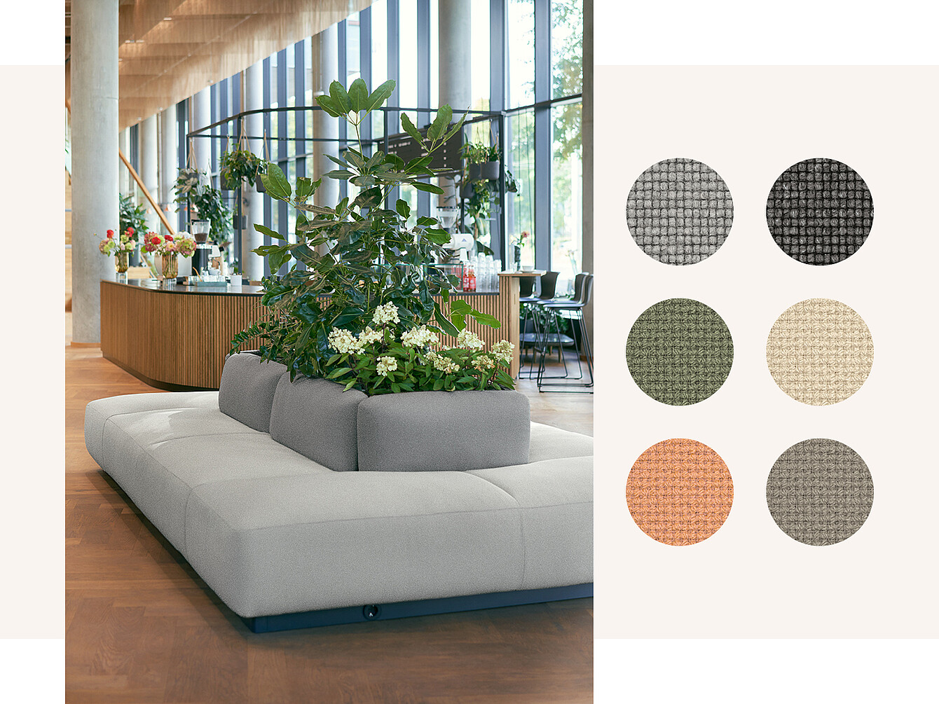 Una moderna zona de descanso cuenta con un sofá modular gris con cojines de respaldo elevados y maceteros integrados llenos de plantas y flores. A la derecha, seis muestras de tejido en varios colores: gris oscuro, gris claro, verde oliva, beige y naranja, que muestran los tejidos para muebles de Sedus.
