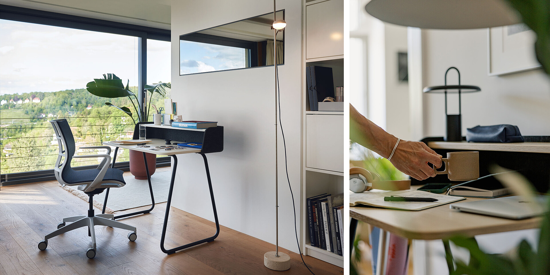 Modern workspace with desk, green office chair on wheels, and large window with a view of greenery.