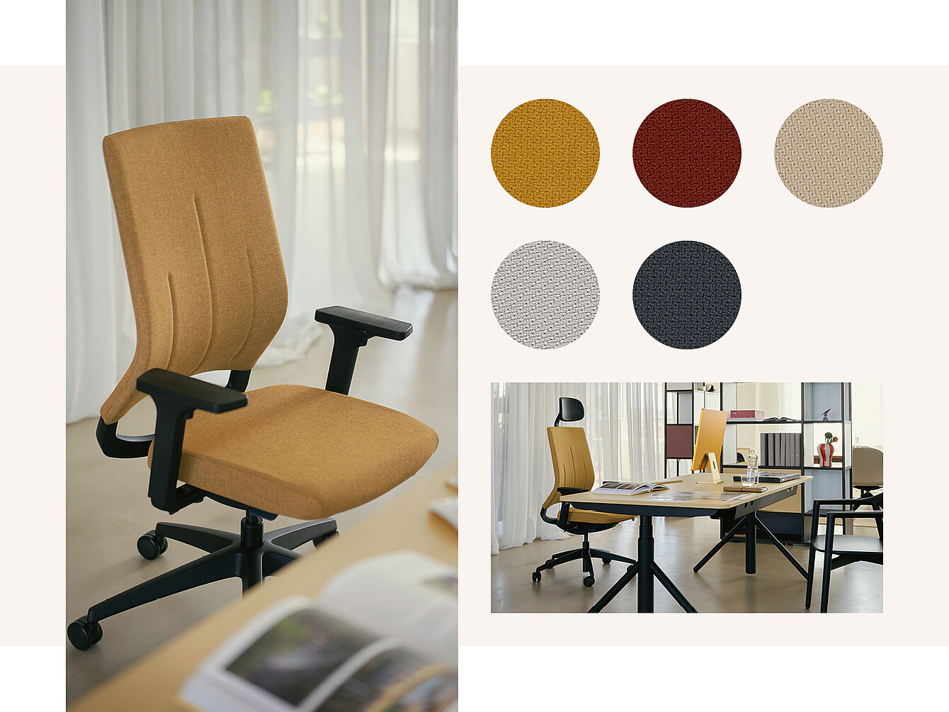 Una silla de oficina ergonómica de color amarillo mostaza con reposabrazos y tejido texturizado se muestra junto a un escritorio de madera clara. Sobre la silla se muestran cinco muestras circulares de tejido en rojo, beige, gris y azul oscuro. Al fondo, se ve una segunda silla ergonómica y una revista sobre el escritorio.